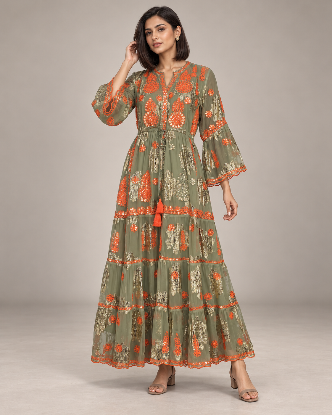 Faiza Long Tunic – Floral Embroidered Tiered Tunic | ibBan