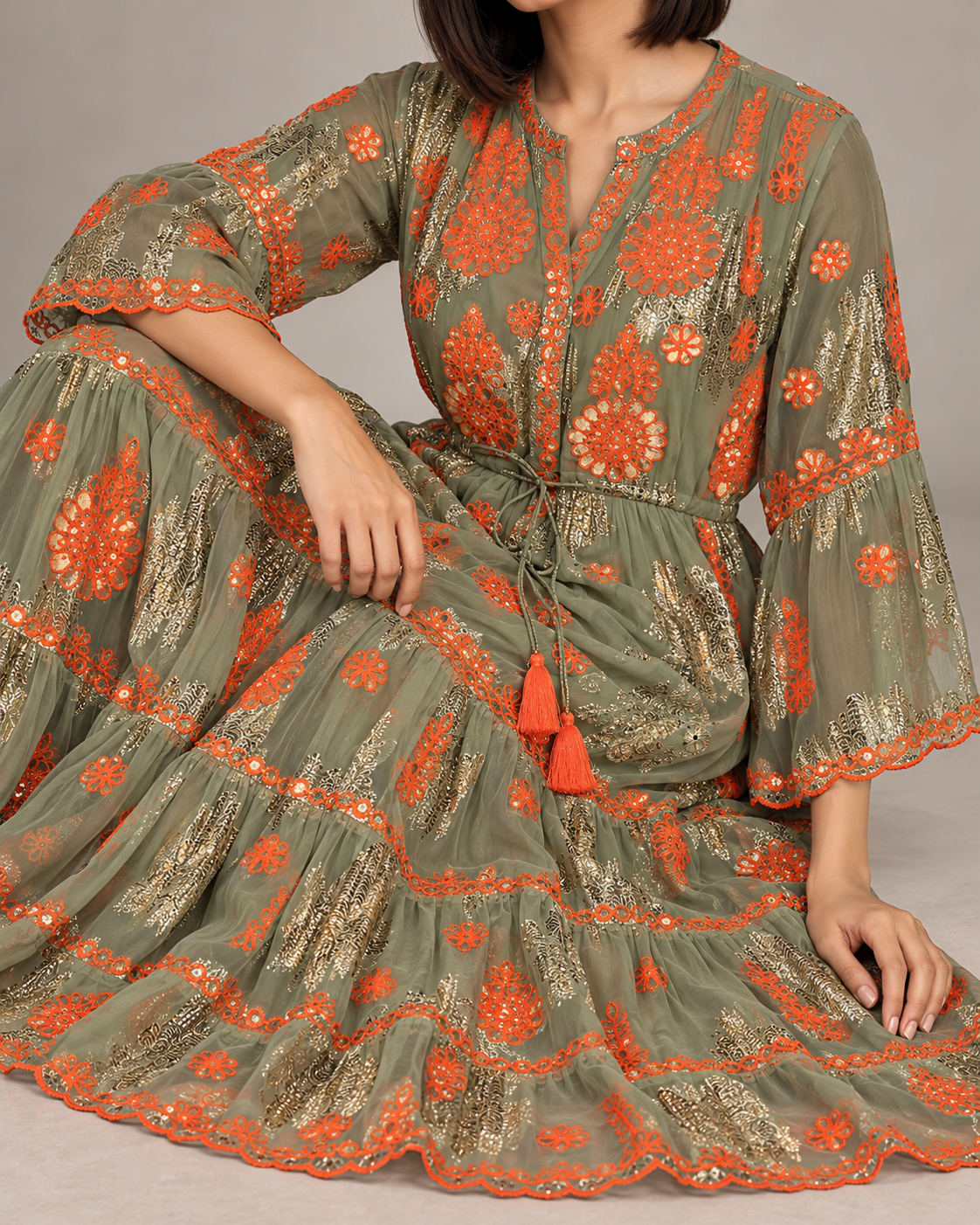 Faiza Long Tunic – Floral Embroidered Tiered Tunic | ibBan