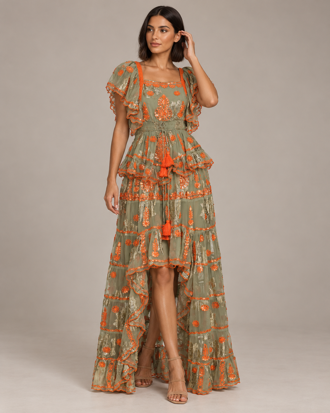 Faiza Embroidered Skirt Blouse Set with High-Low Hem | ibBan