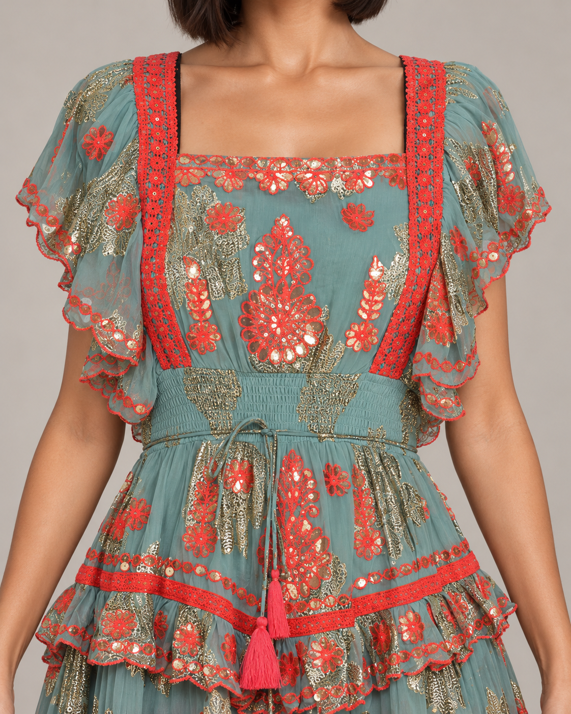 Faiza Maxi Dress with Floral Embroidery & Flutter Sleeves | ibBan