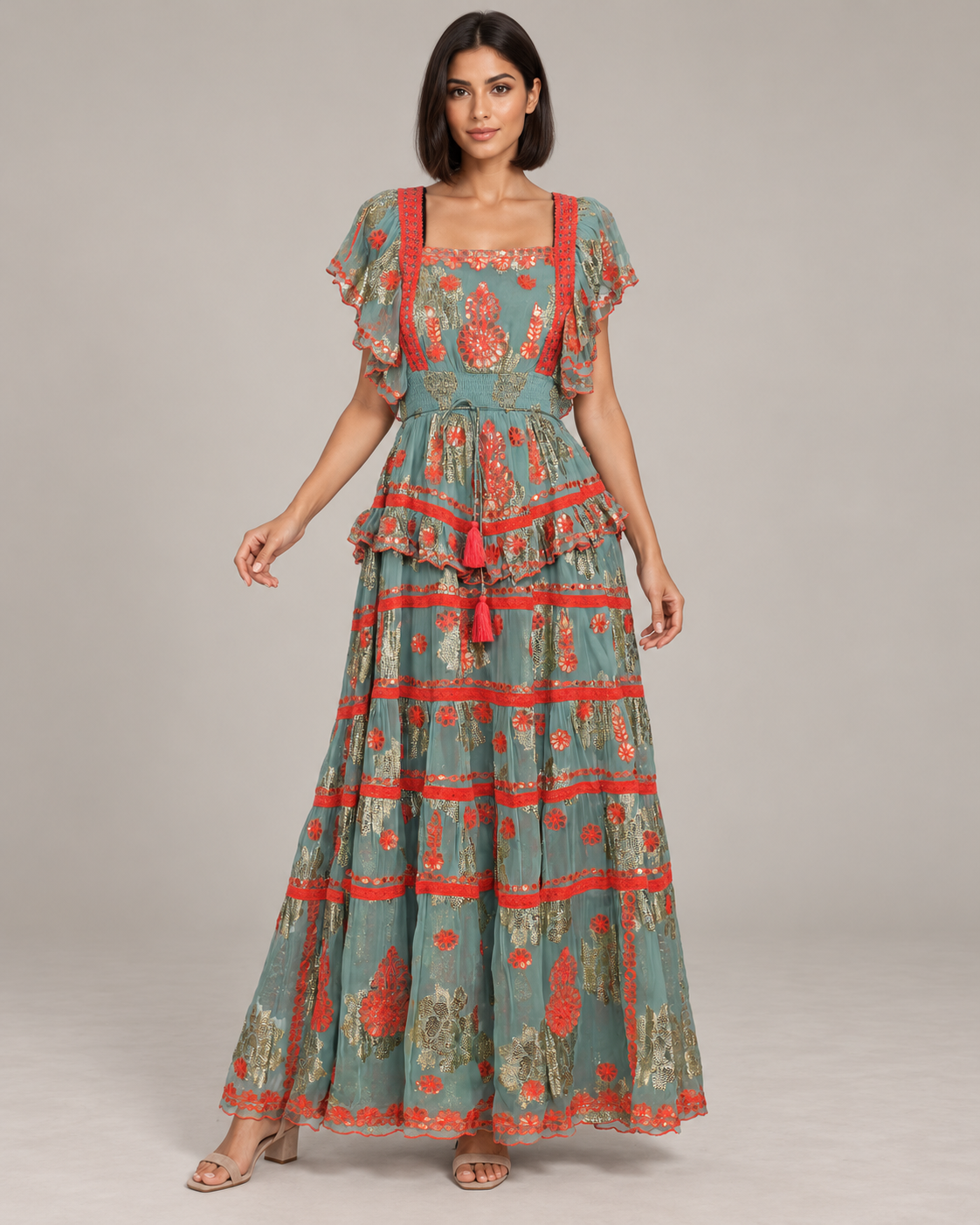 Faiza Maxi Dress with Floral Embroidery & Flutter Sleeves | ibBan
