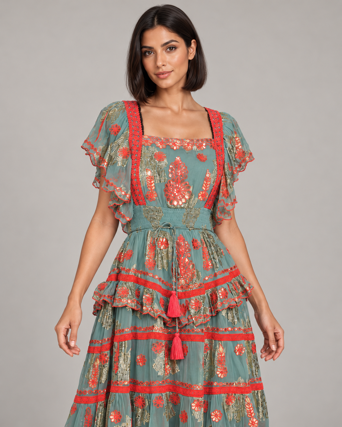 Faiza Maxi Dress with Floral Embroidery & Flutter Sleeves | ibBan