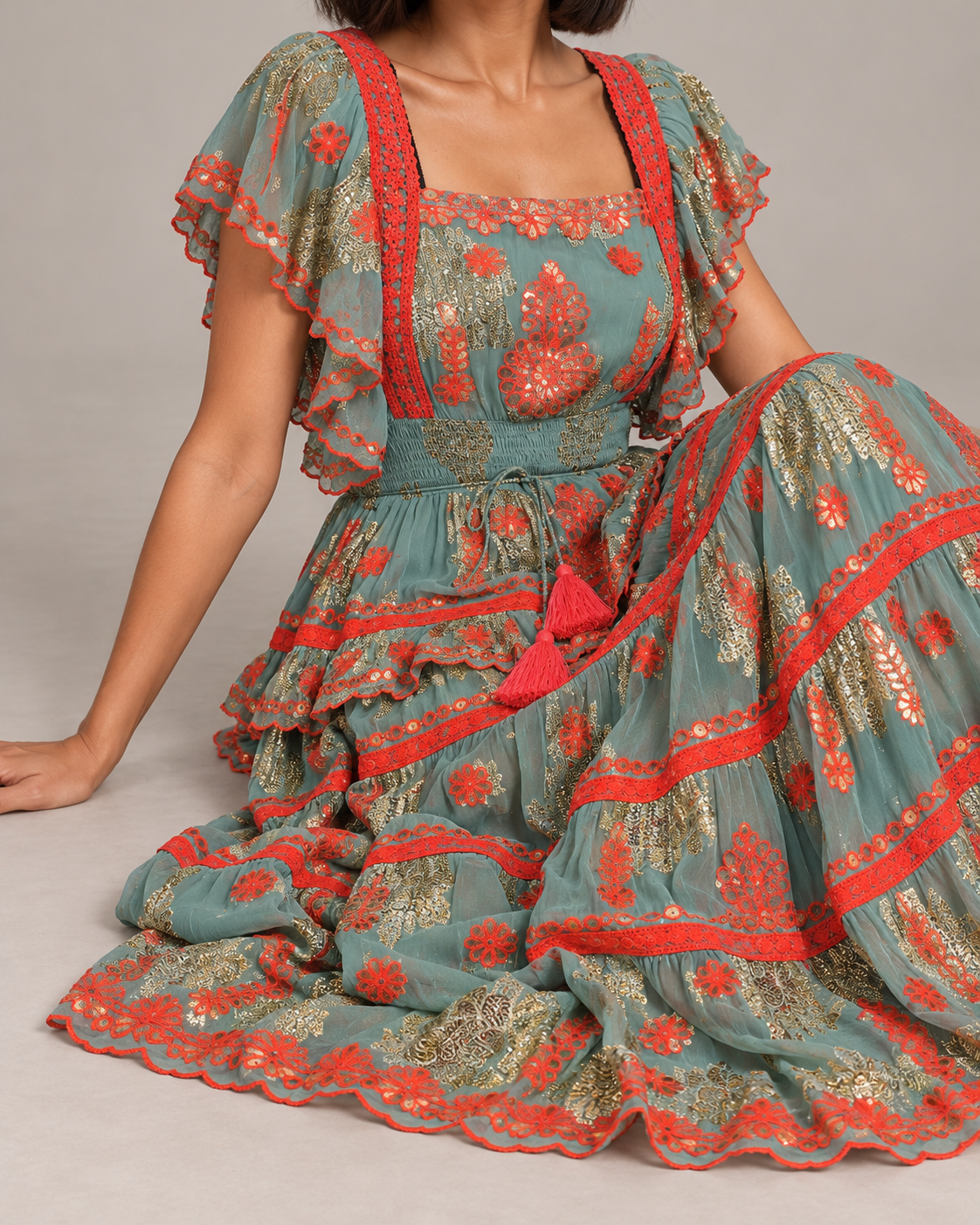 Faiza Maxi Dress with Floral Embroidery & Flutter Sleeves | ibBan