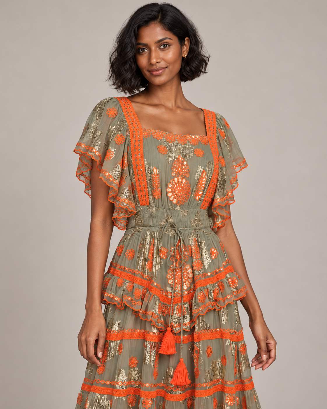 Faiza Maxi Dress with Floral Embroidery & Flutter Sleeves | ibBan