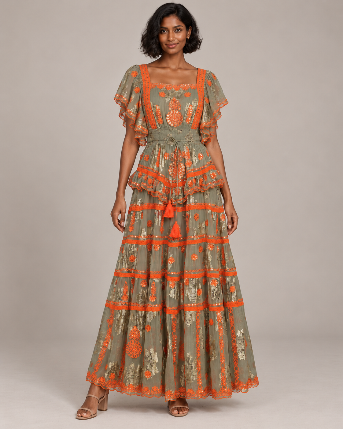 Faiza Maxi Dress with Floral Embroidery & Flutter Sleeves | ibBan