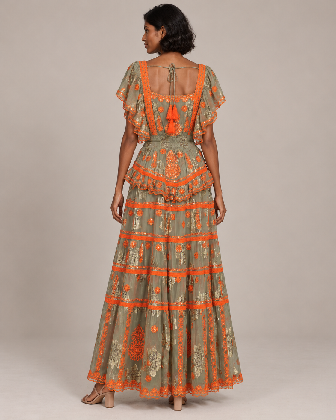 Faiza Maxi Dress with Floral Embroidery & Flutter Sleeves | ibBan