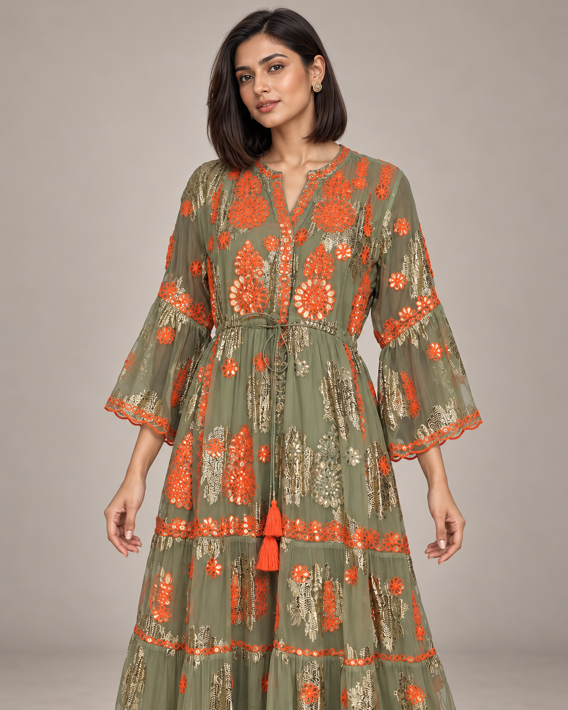 Faiza Long Tunic – Floral Embroidered Tiered Tunic | ibBan