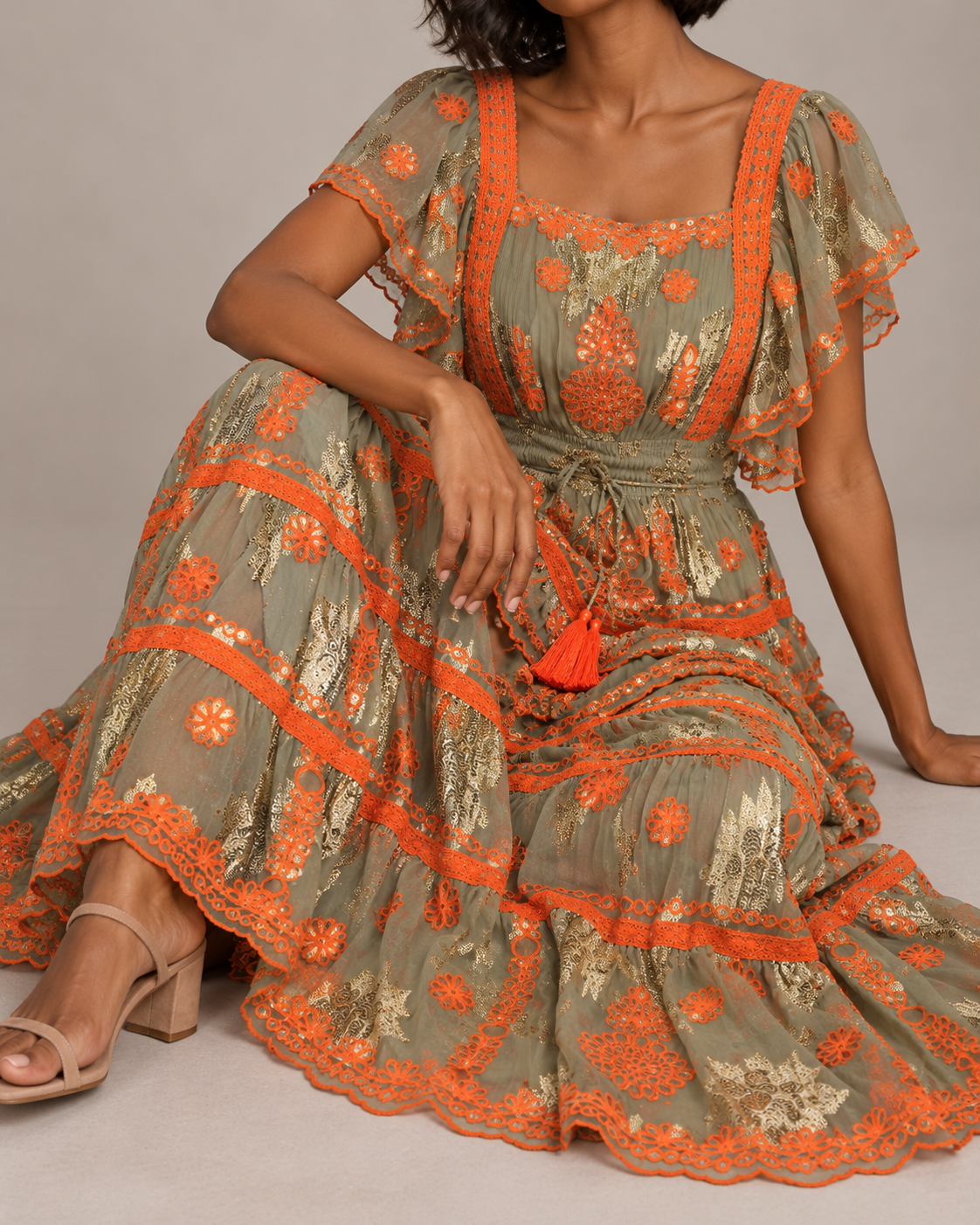 Faiza Maxi Dress with Floral Embroidery & Flutter Sleeves | ibBan