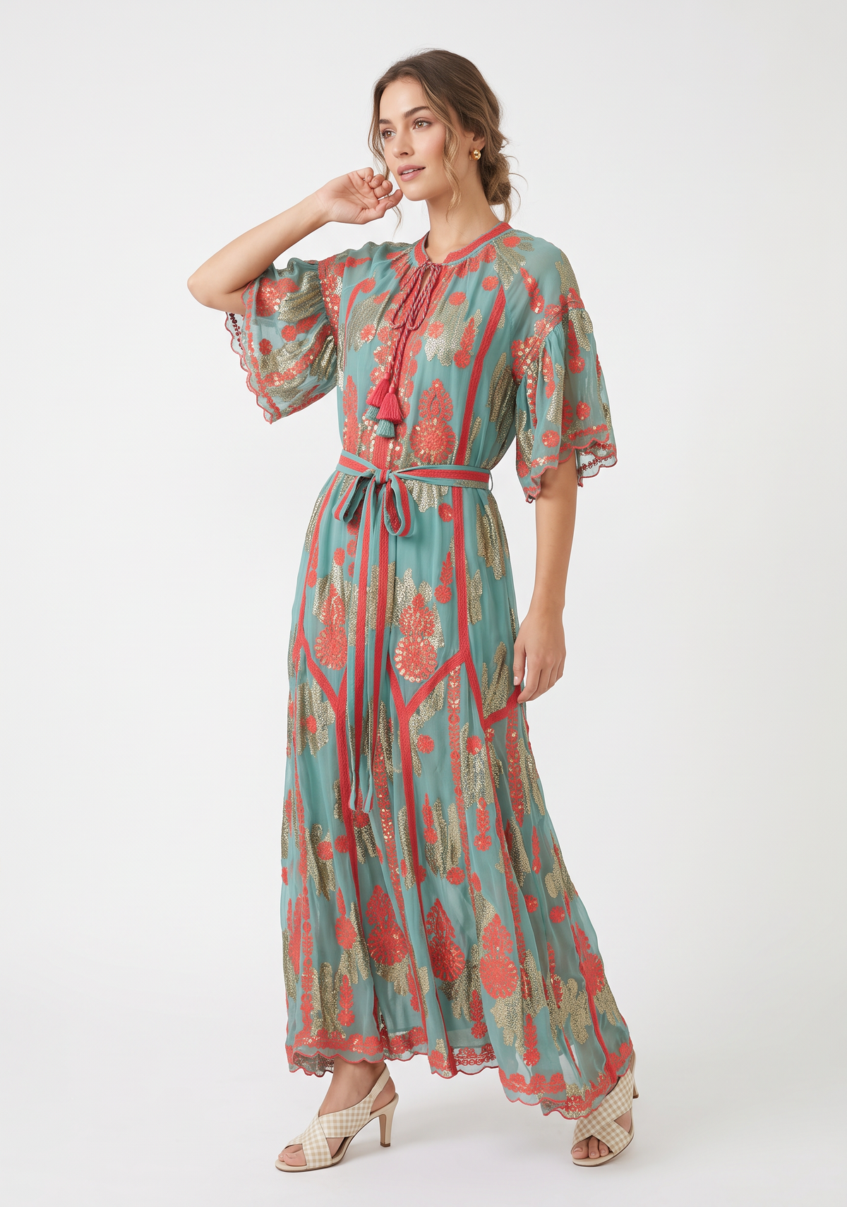 Faiza Long Dress – Embroidered Maxi Dress with Tie Belt | ibBan