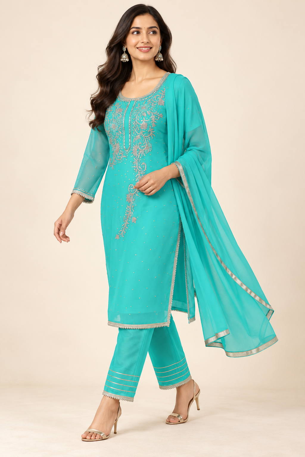 Minsu Turquoise Embroidered Kurta Set with Trousers & Dupatta | ibBan