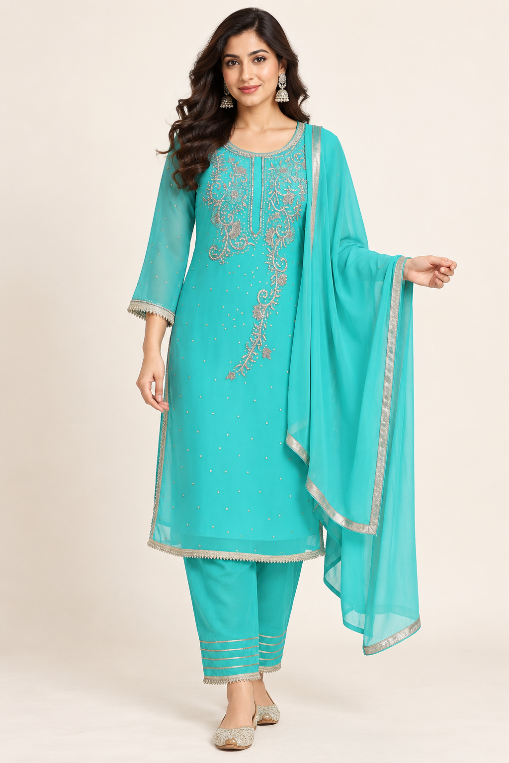Minsu Turquoise Embroidered Kurta Set with Trousers & Dupatta | ibBan