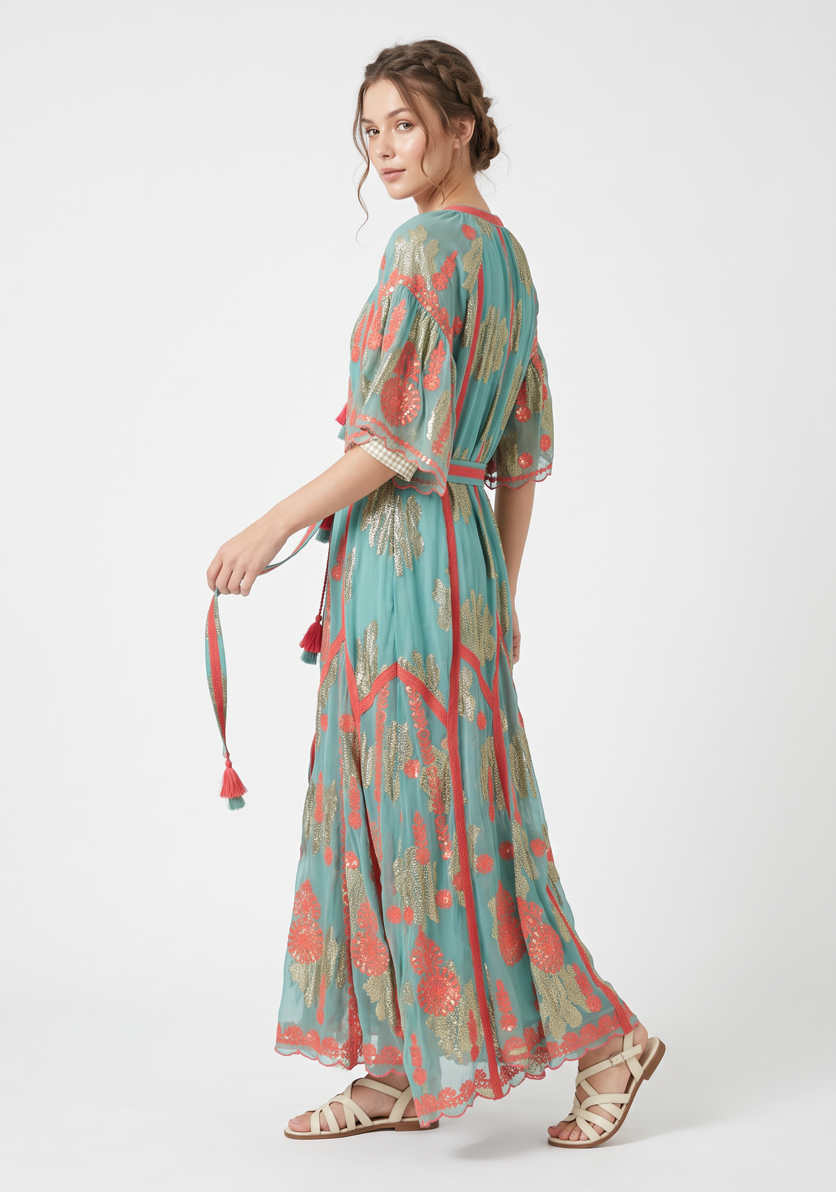 Faiza Long Dress – Embroidered Maxi Dress with Tie Belt | ibBan