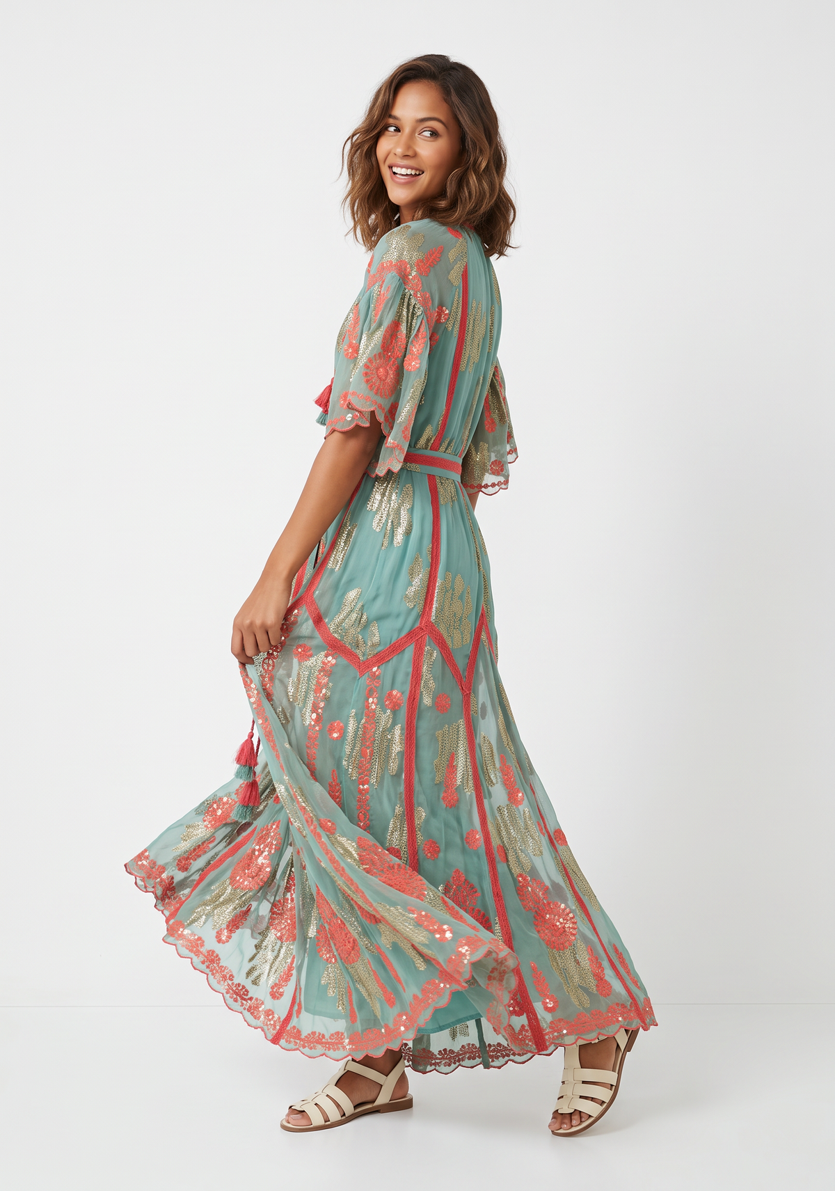 Faiza Long Dress – Embroidered Maxi Dress with Tie Belt | ibBan