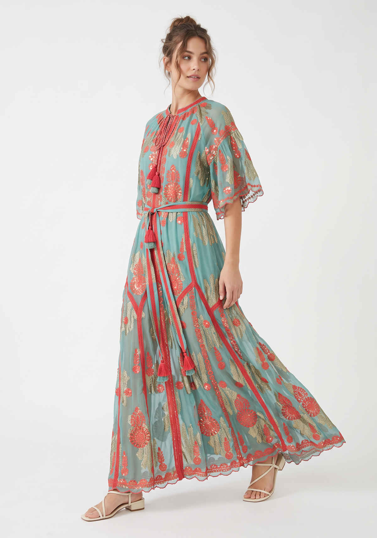 Faiza Long Dress – Embroidered Maxi Dress with Tie Belt | ibBan