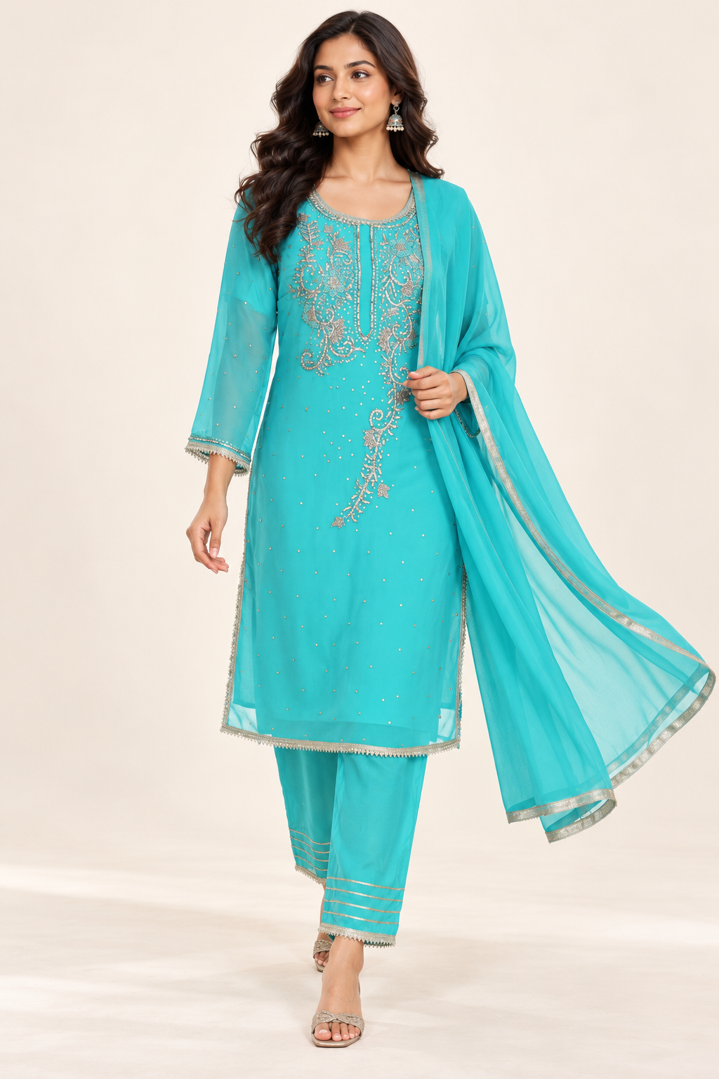 Turquoise Embroidered Kurta Set with Trousers & Dupatta | ibBan – ibban.in