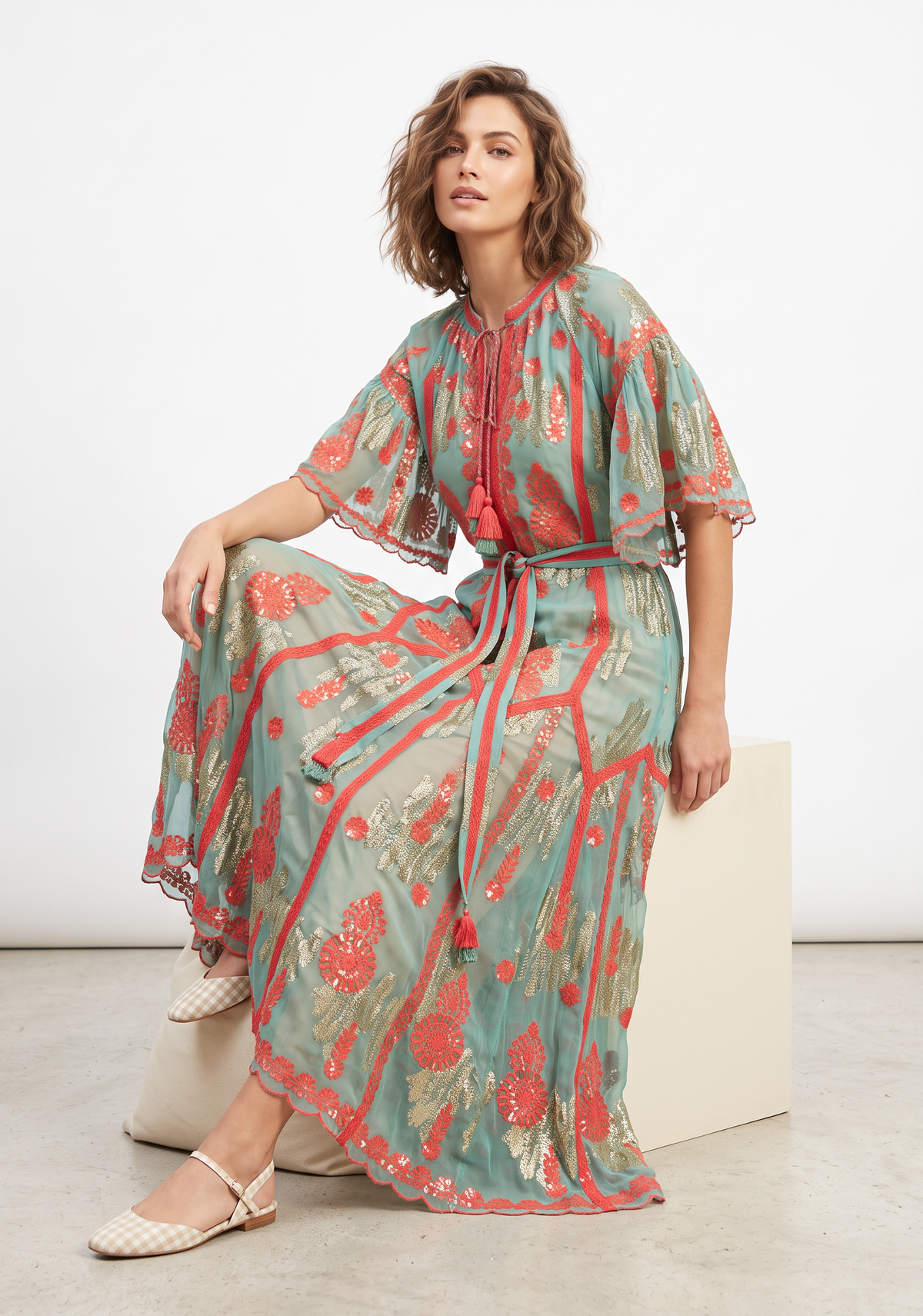Faiza Long Dress – Embroidered Maxi Dress with Tie Belt | ibBan