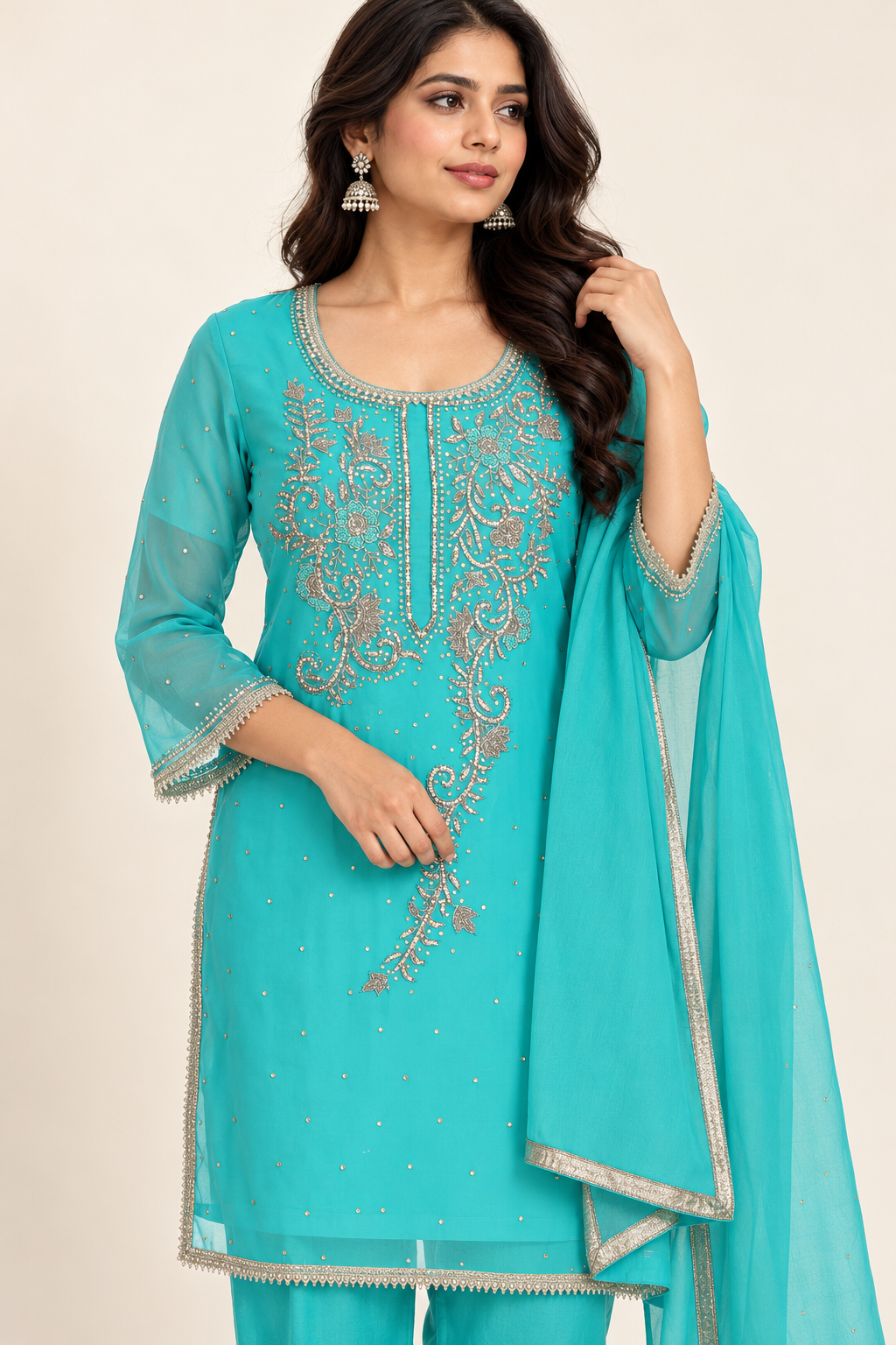 Turquoise Embroidered Kurta Set with Trousers & Dupatta | ibBan – ibban.in
