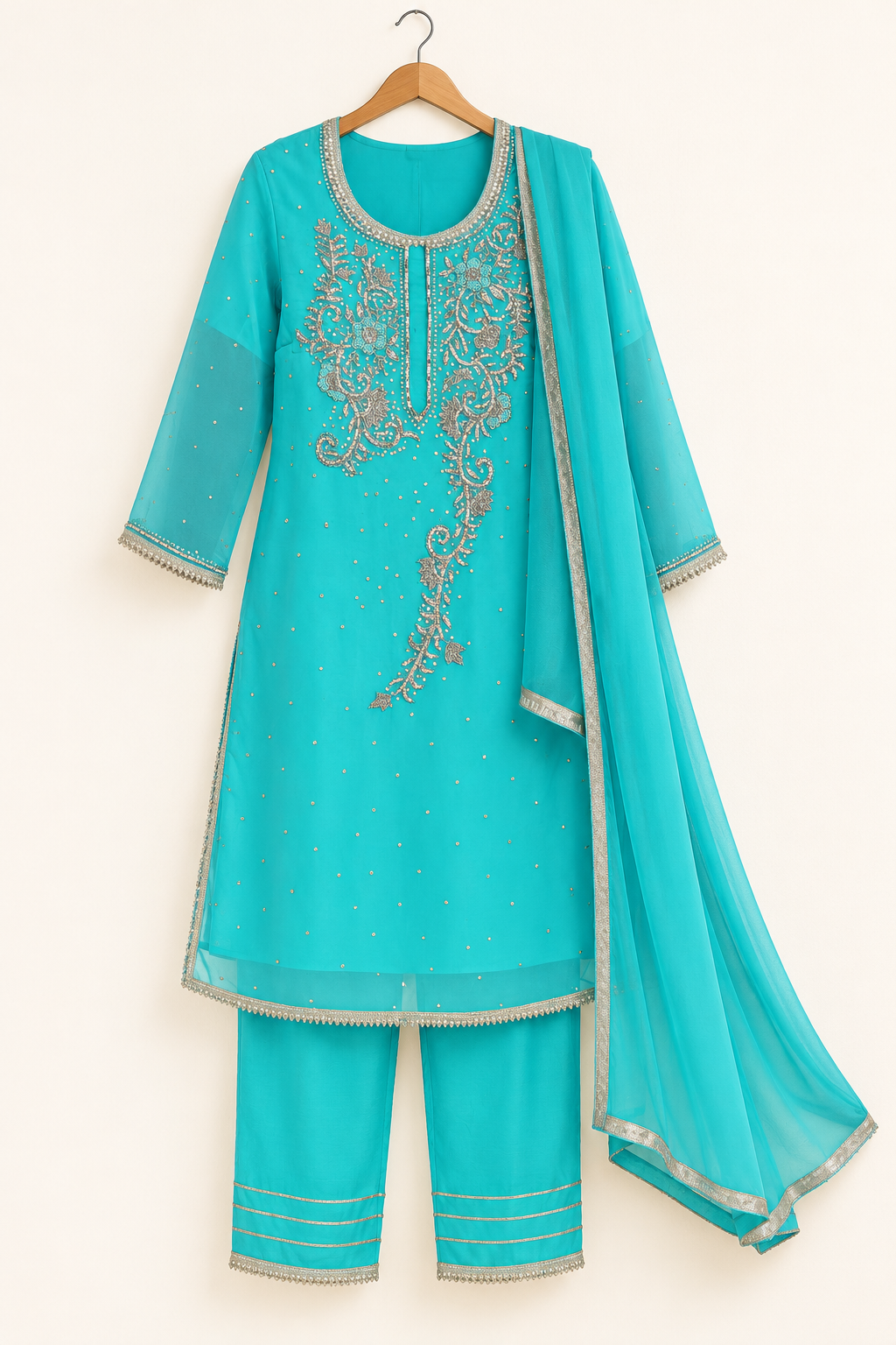 Color Is Turquoise Turquoise Embroidered Kurta Set with Trousers & Dupatta | ibBan – ibban.in