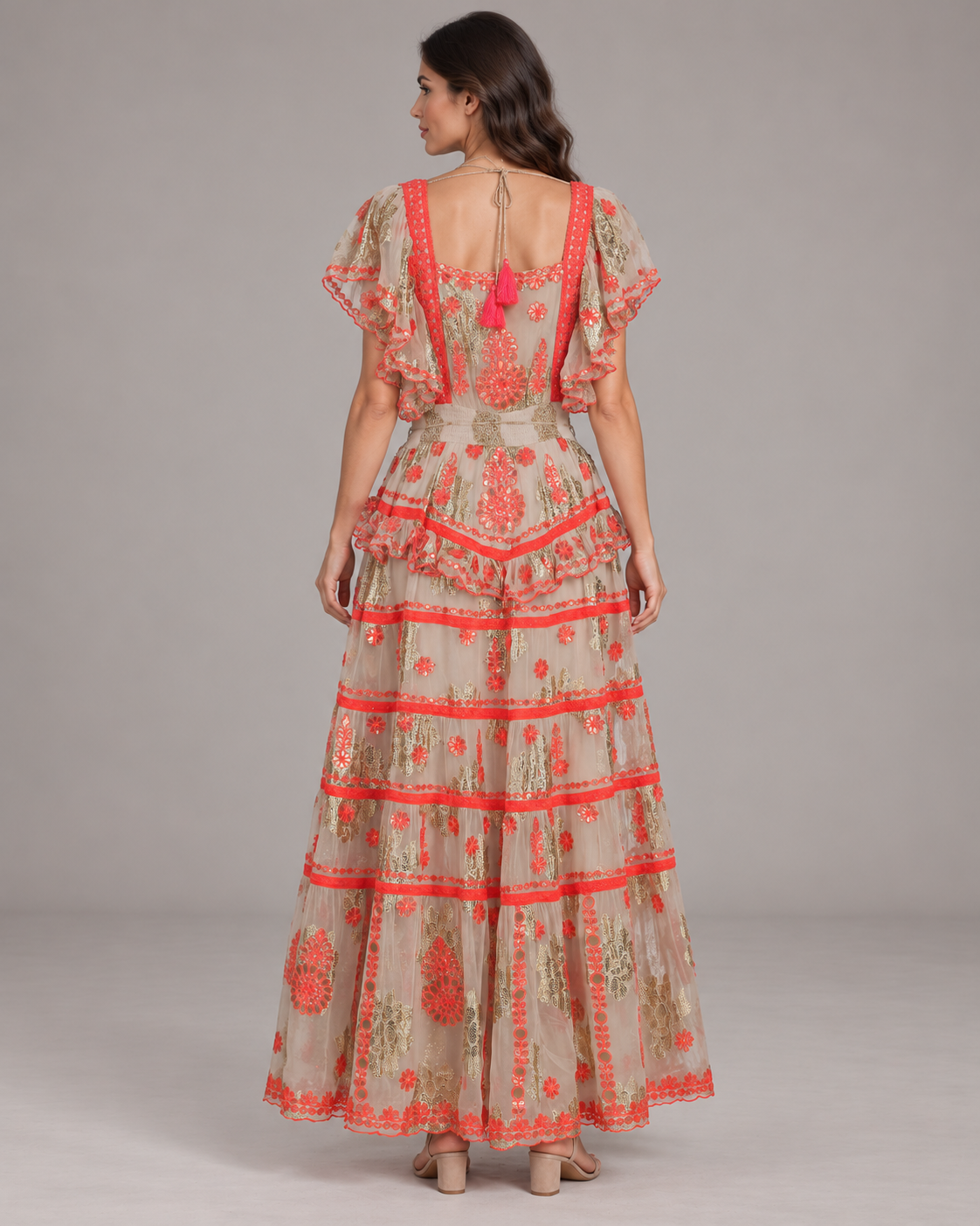 Faiza Maxi Dress with Floral Embroidery & Flutter Sleeves | ibBan
