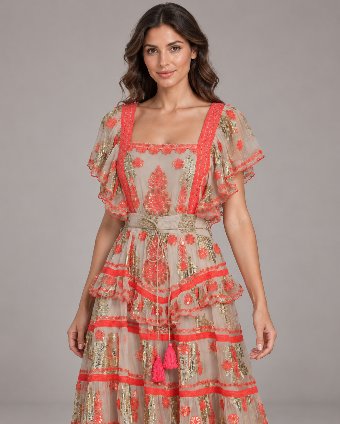 Faiza Maxi Dress with Floral Embroidery & Flutter Sleeves | ibBan
