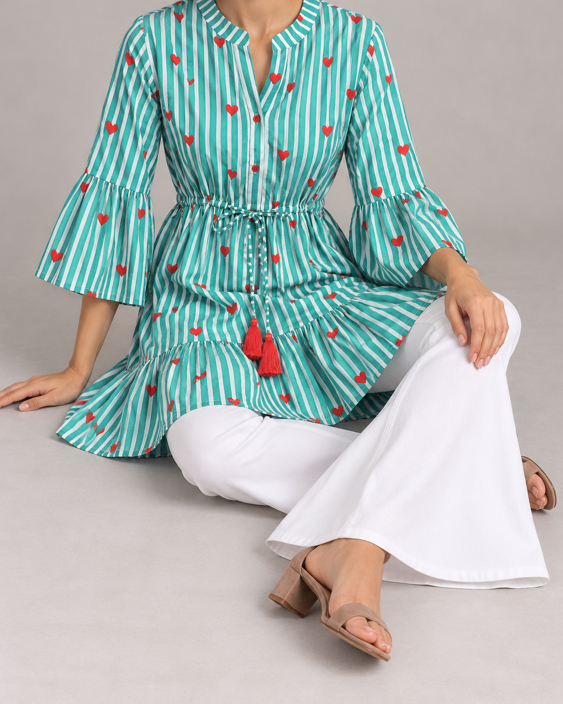 Blue Long Kurta – Striped Heart Print Kurta with Tassels | ibBan