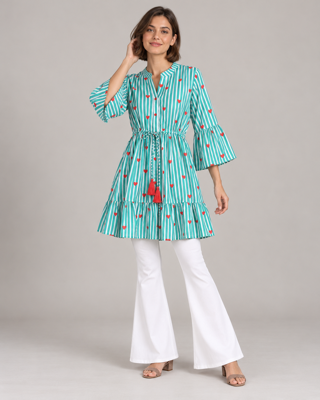 Blue Long Kurta – Striped Heart Print Kurta with Tassels | ibBan