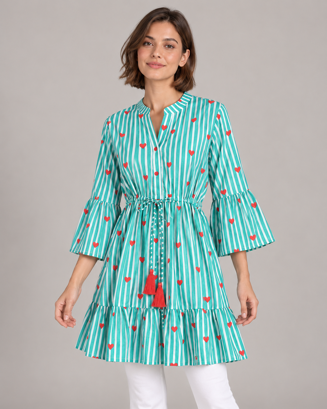 Blue Long Kurta – Striped Heart Print Kurta with Tassels | ibBan