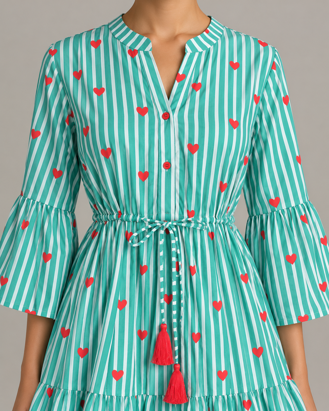 Blue Long Kurta – Striped Heart Print Kurta with Tassels | ibBan