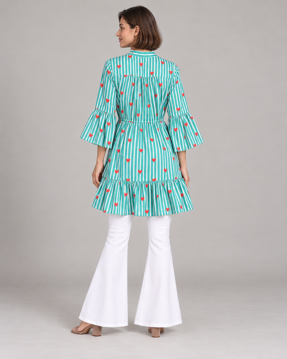 Blue Long Kurta – Striped Heart Print Kurta with Tassels | ibBan