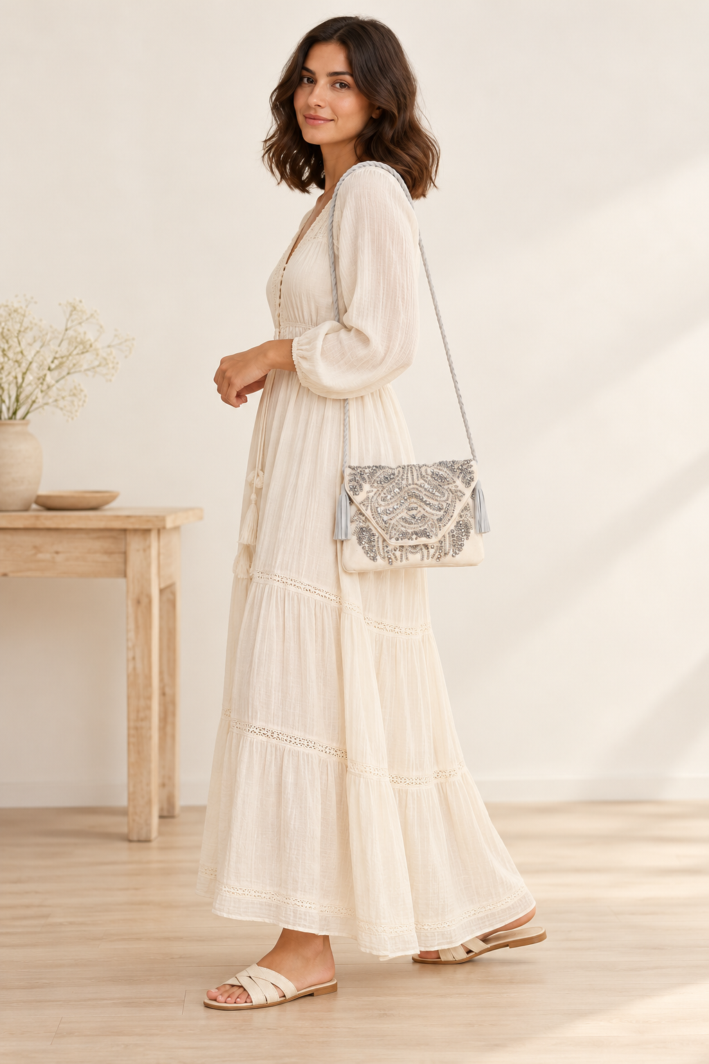 ibBan Hand-Embroidered White wallet with Beadwork - Masum