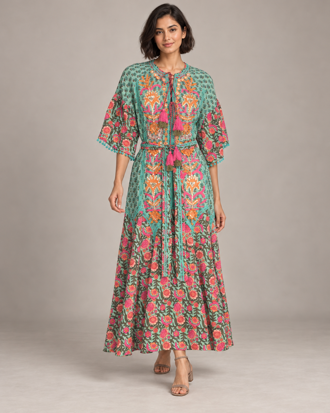 Tiya Floral Embroidered Maxi Dress with Bell Sleeves | ibBan