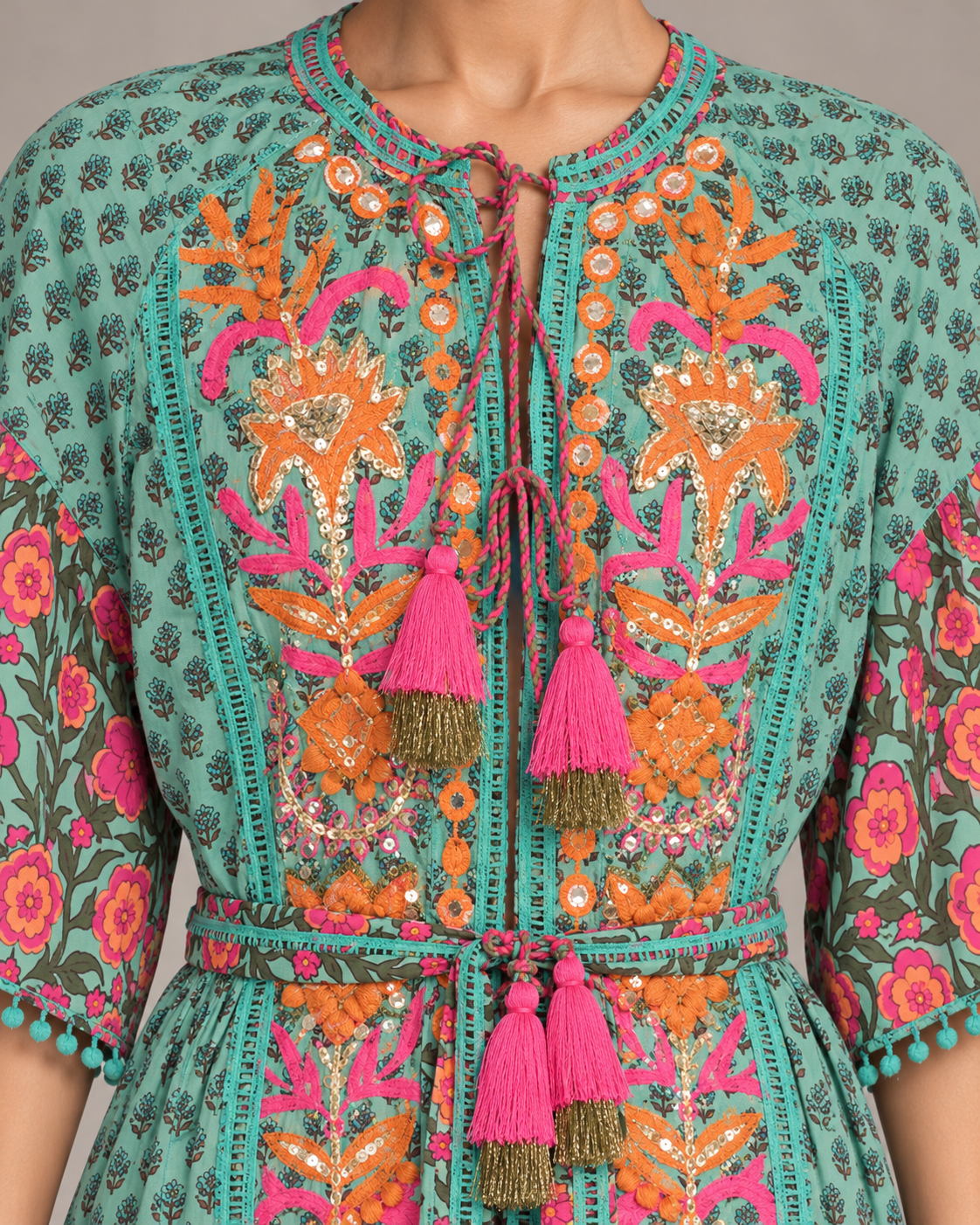 Tiya Floral Embroidered Maxi Dress with Bell Sleeves | ibBan