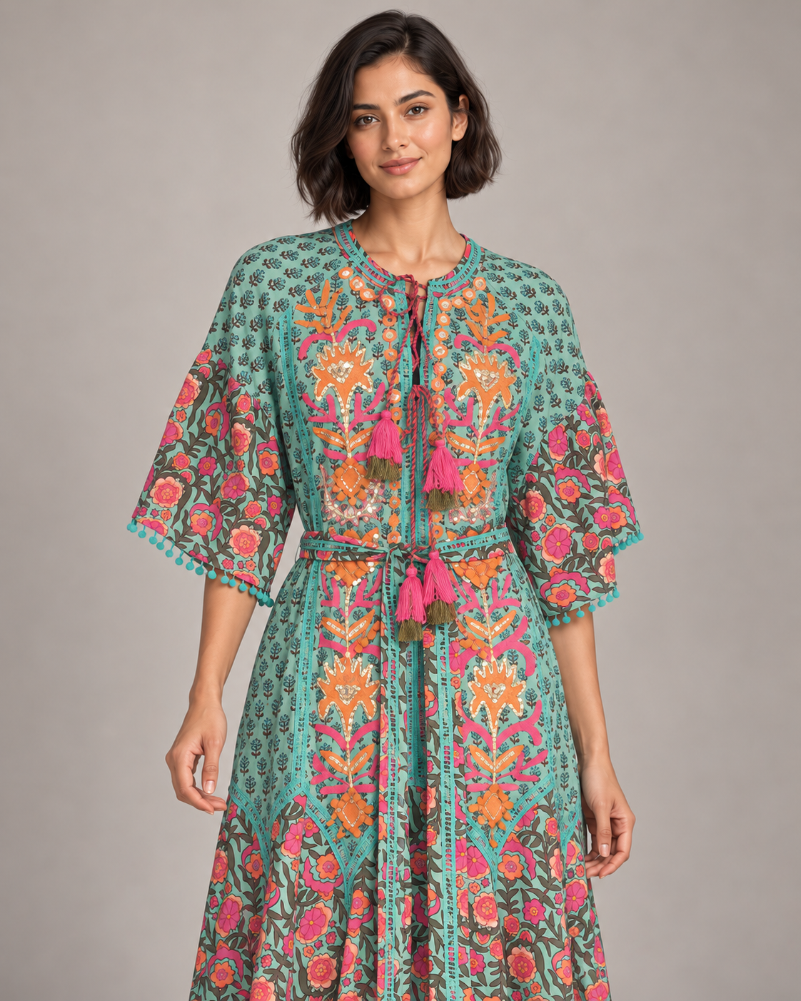 Tiya Floral Embroidered Maxi Dress with Bell Sleeves | ibBan