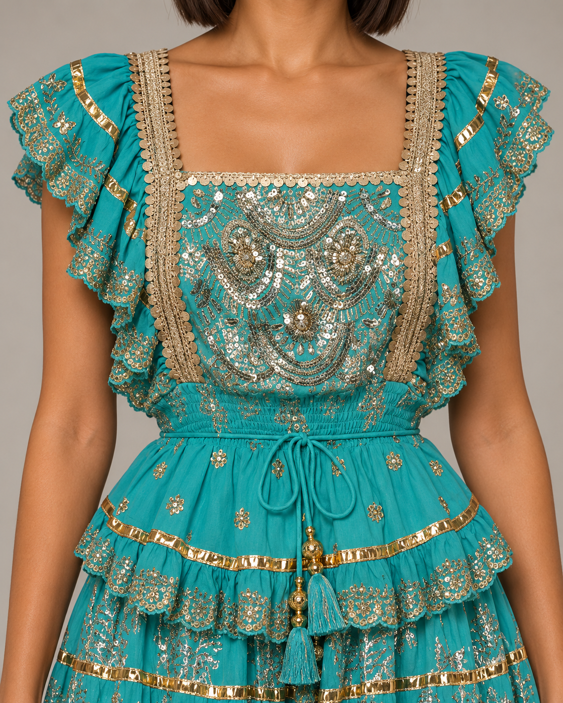 Lurex Skirt Blouse Set with Metallic Embroidery & Ruffles | ibBan