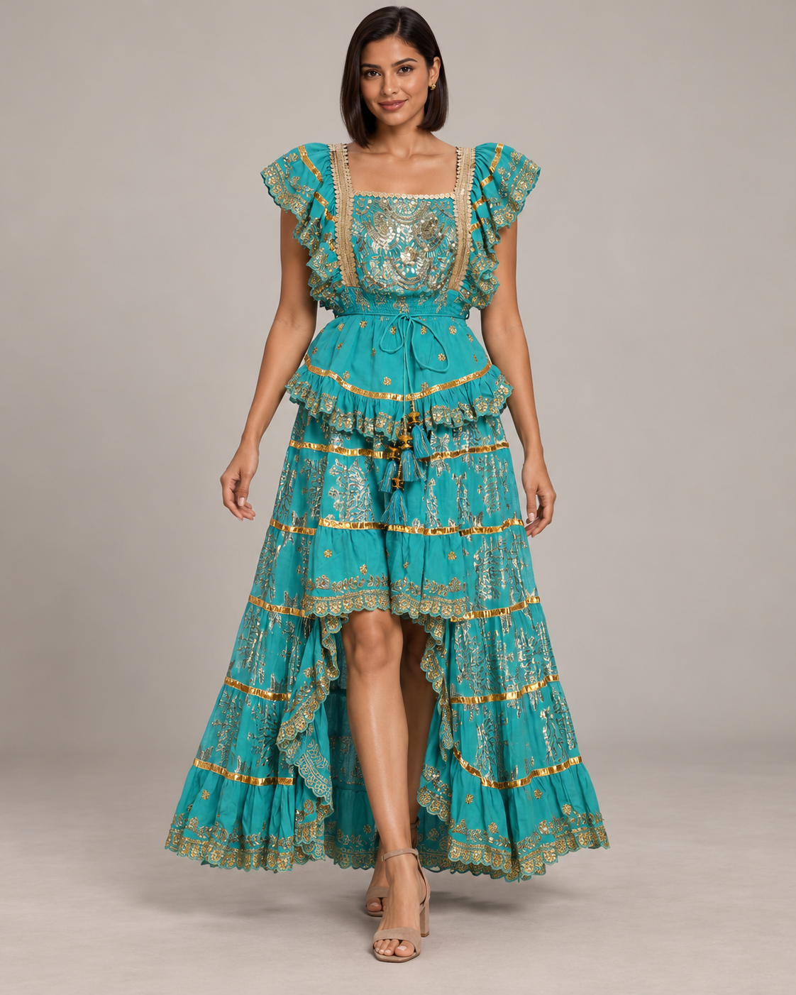 Lurex Skirt Blouse Set with Metallic Embroidery & Ruffles | ibBan