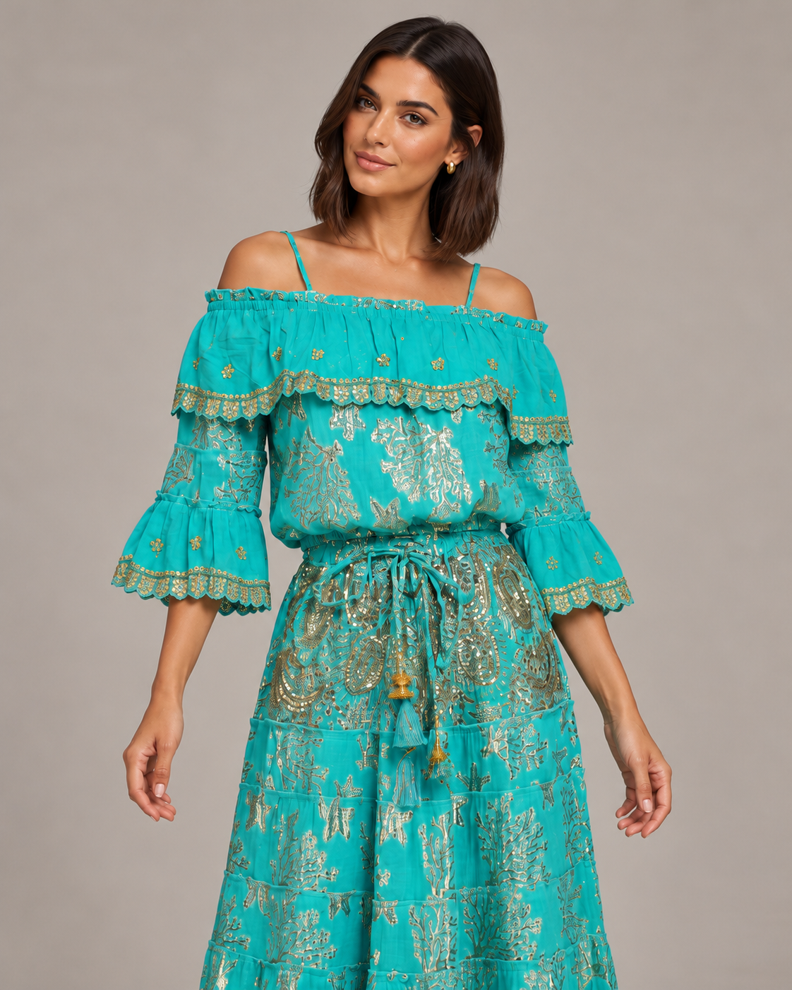 Lurex Skirt Blouse Set with Off-Shoulder Ruffles & Metallic Embroidery | ibBan
