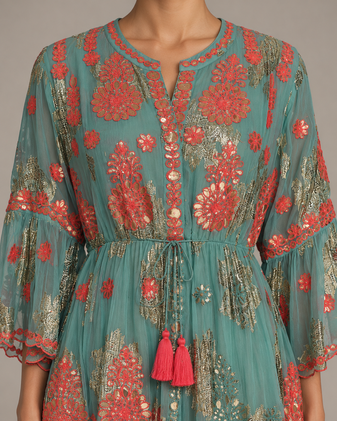 Faiza Long Tunic – Floral Embroidered Tiered Tunic | ibBan