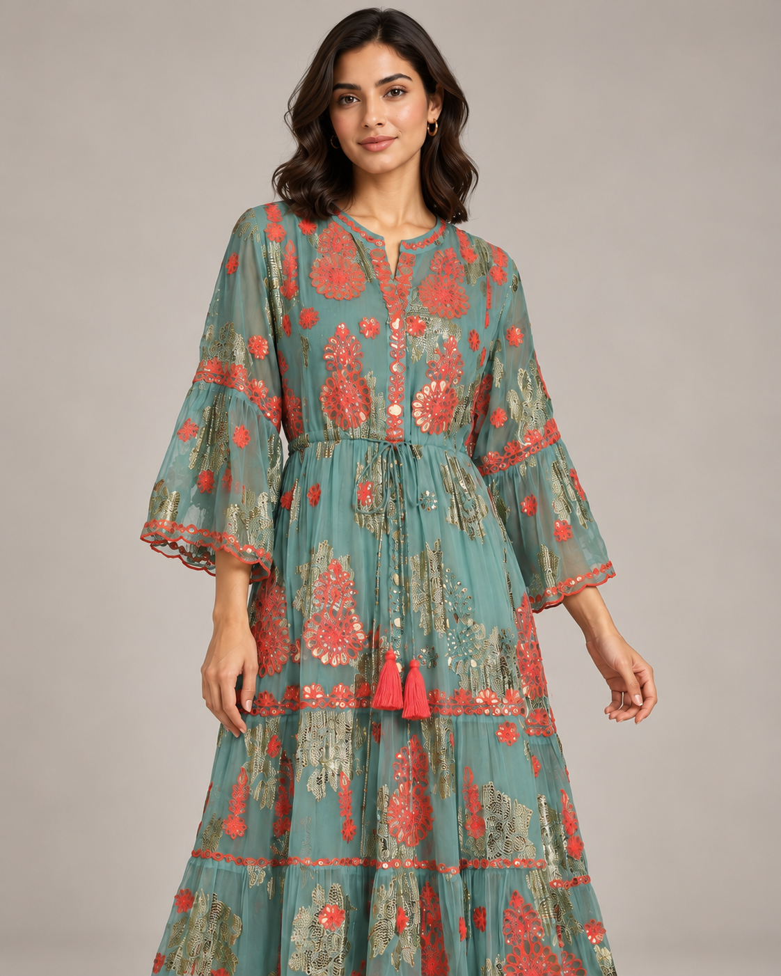 Faiza Long Tunic – Floral Embroidered Tiered Tunic | ibBan