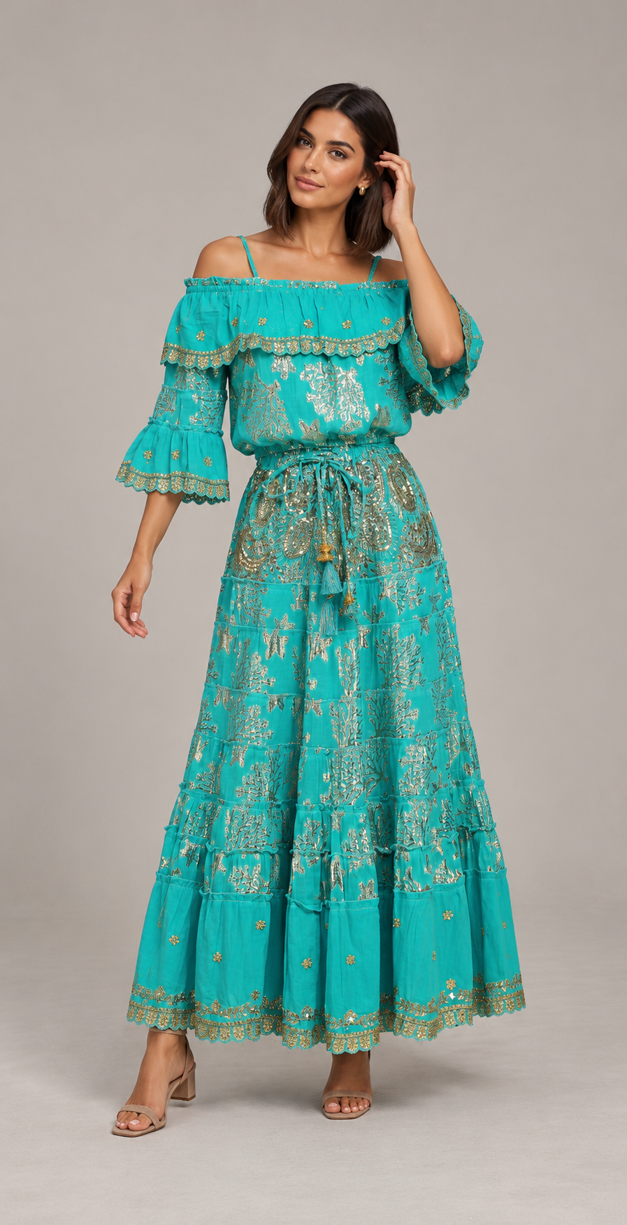 Lurex Skirt Blouse Set with Off-Shoulder Ruffles & Metallic Embroidery | ibBan
