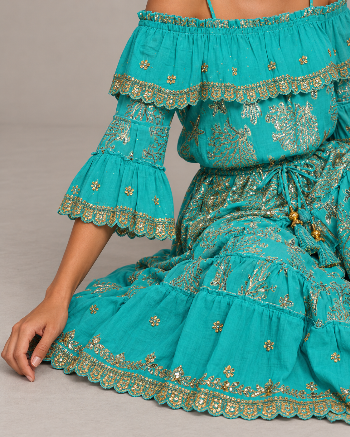 Lurex Skirt Blouse Set with Off-Shoulder Ruffles & Metallic Embroidery | ibBan