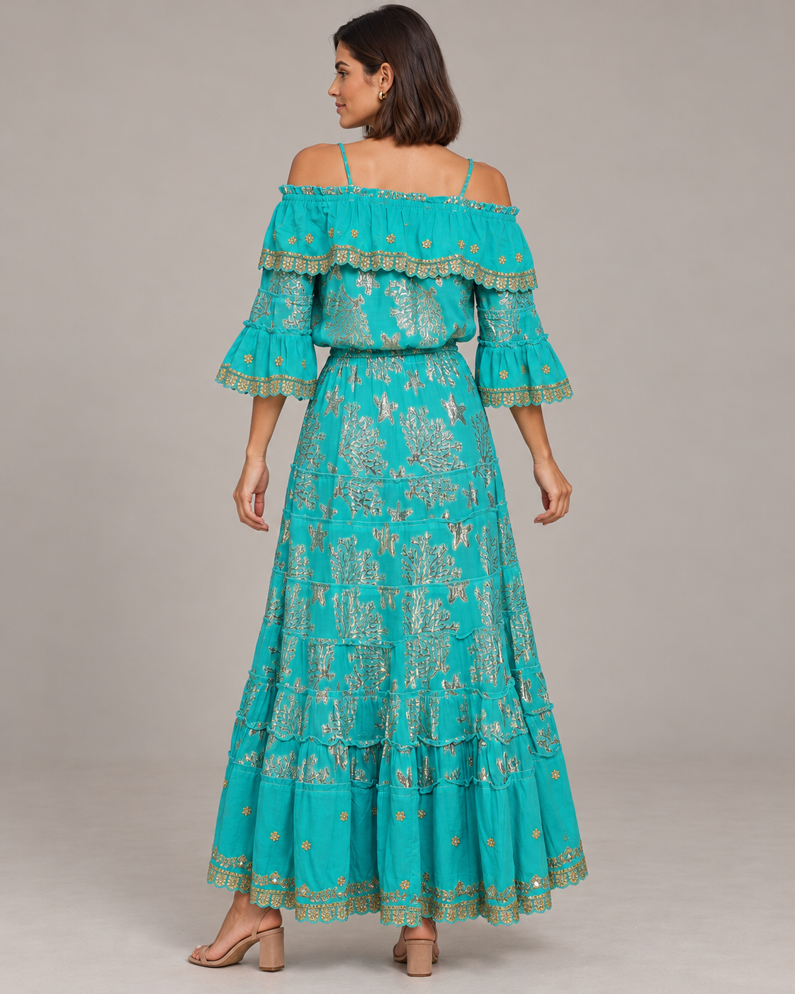 Lurex Skirt Blouse Set with Off-Shoulder Ruffles & Metallic Embroidery | ibBan