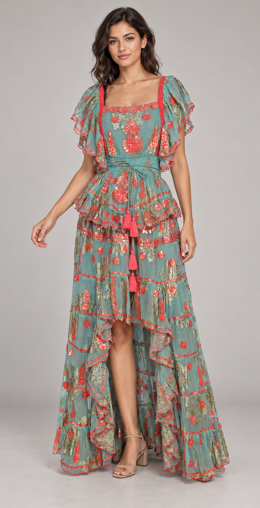 Faiza Embroidered Skirt Blouse Set with High-Low Hem | ibBan