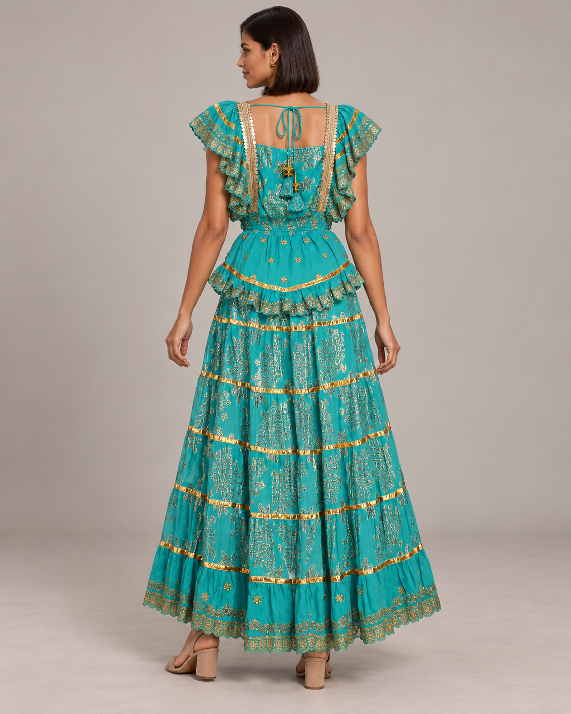 Lurex Skirt Blouse Set with Metallic Embroidery & Ruffles | ibBan
