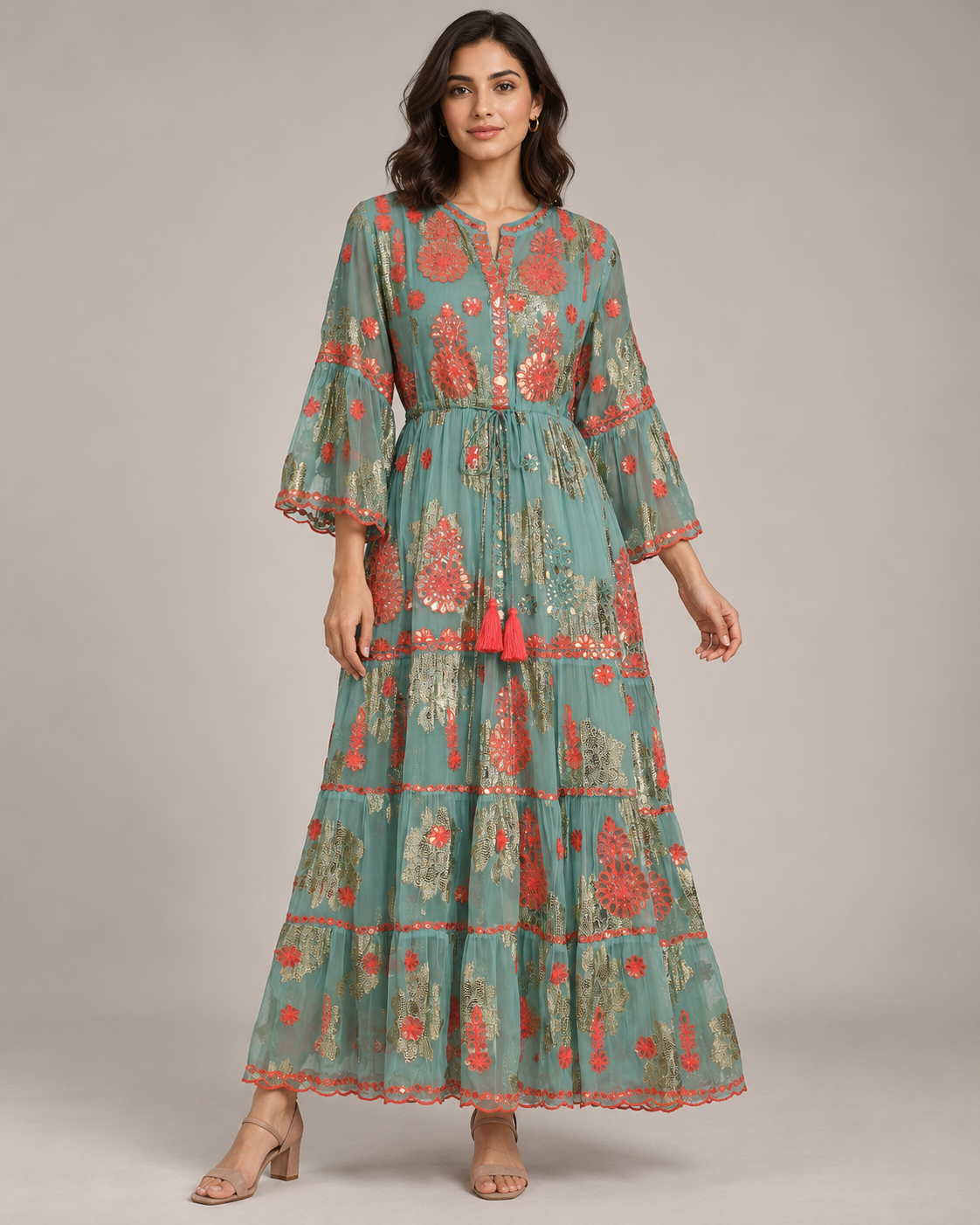 Faiza Long Tunic – Floral Embroidered Tiered Tunic | ibBan
