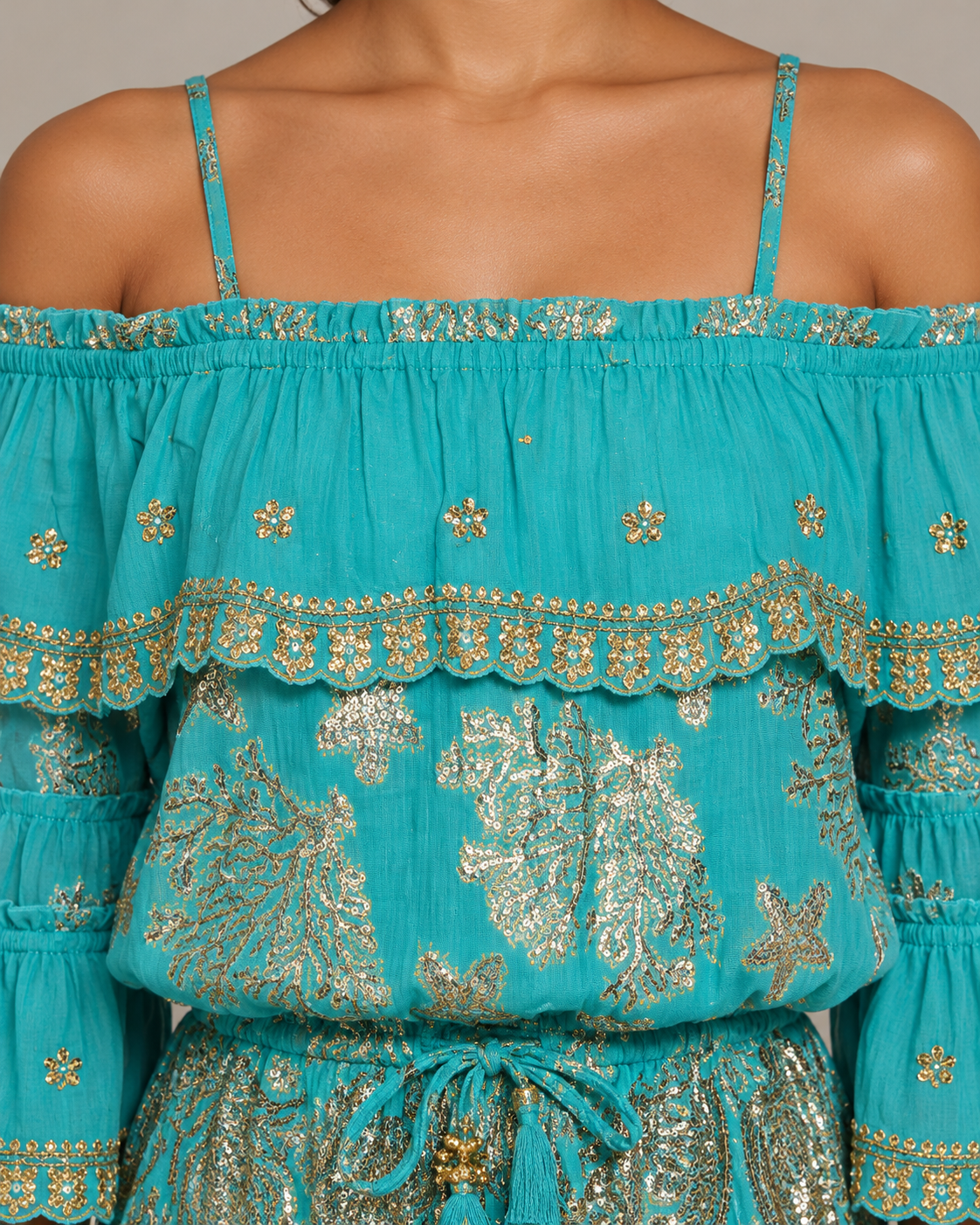 Lurex Skirt Blouse Set with Off-Shoulder Ruffles & Metallic Embroidery | ibBan