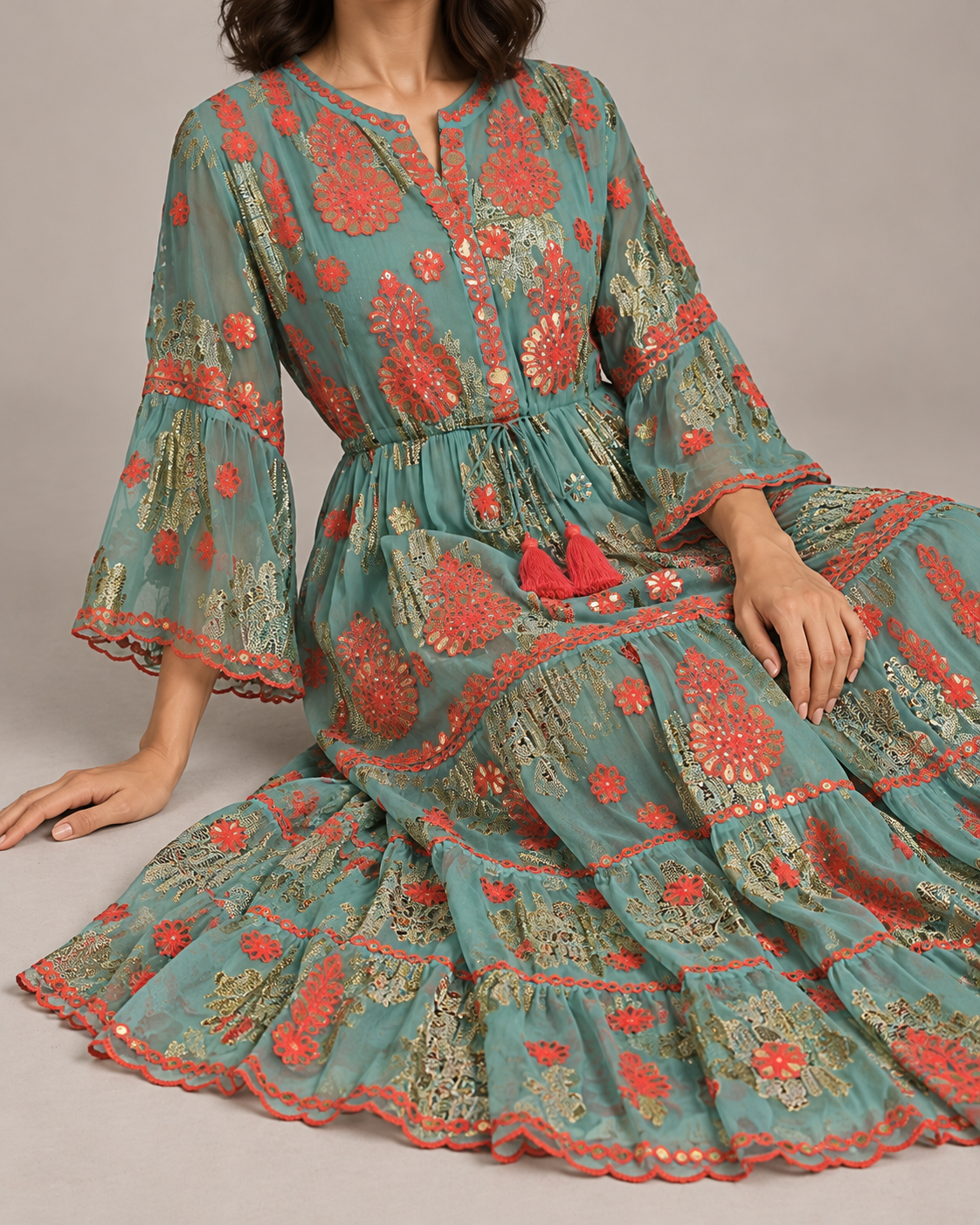Faiza Long Tunic – Floral Embroidered Tiered Tunic | ibBan