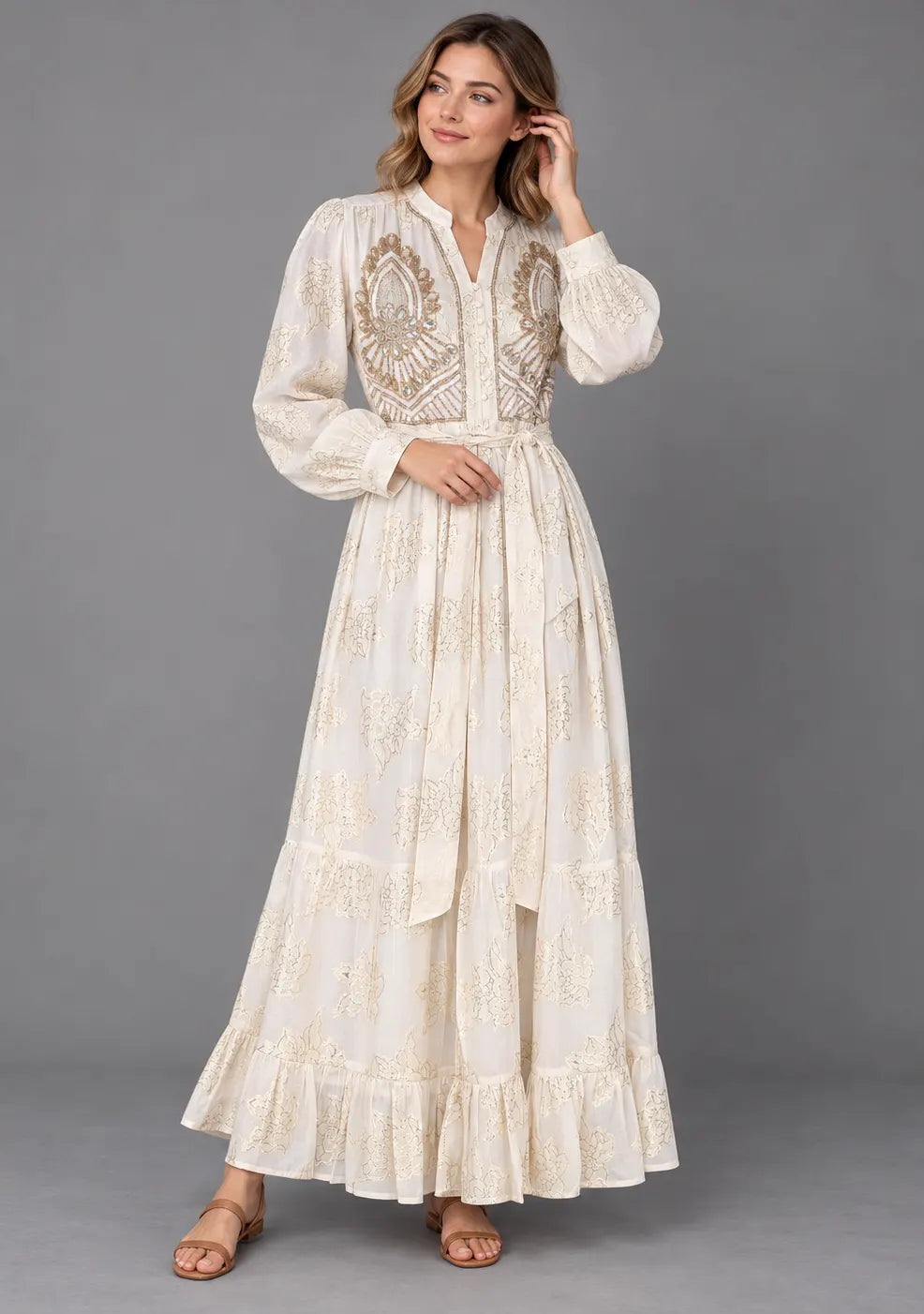 Women’s Hand-Embroidered Cotton Lurex Long Dress - Varsha