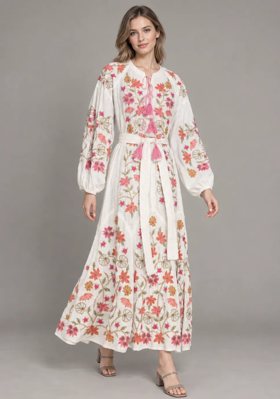 Women’s Cotton Long Dress with Floral Hand Embroidery -Ravila