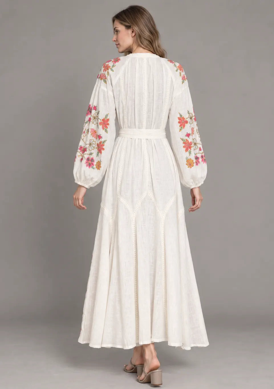 Women’s Cotton Long Dress with Floral Hand Embroidery -Ravila
