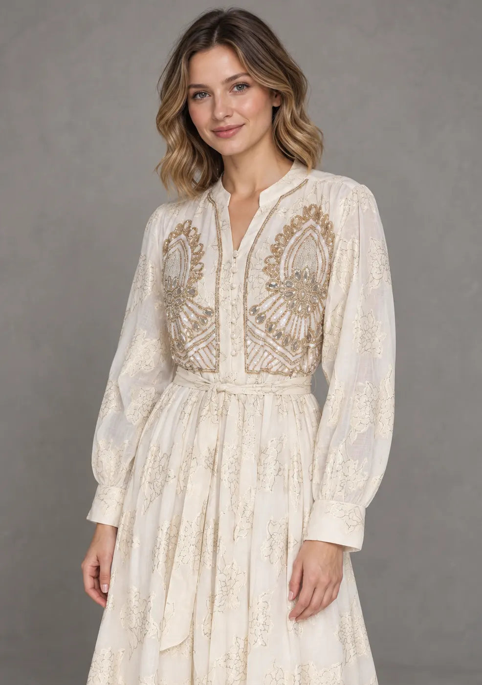 Women’s Hand-Embroidered Cotton Lurex Long Dress - Varsha